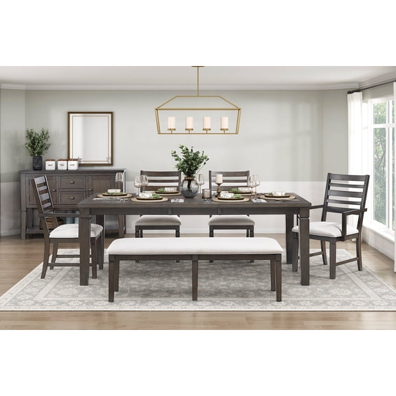 Dark Espresso Finish Dining Set 6pc Table with Extension Leaf and Upholstered Bench Chairs Wooden Furniture
