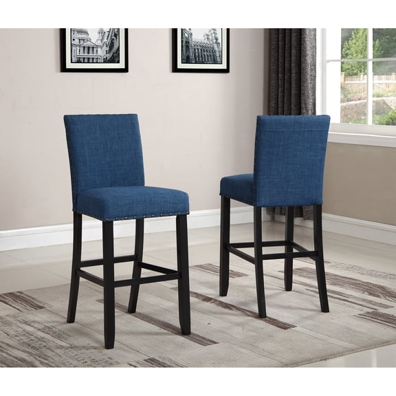 Dark Espresso Frame with Nailhead Trim / 2 Blue Bar Stools for Dining Areas