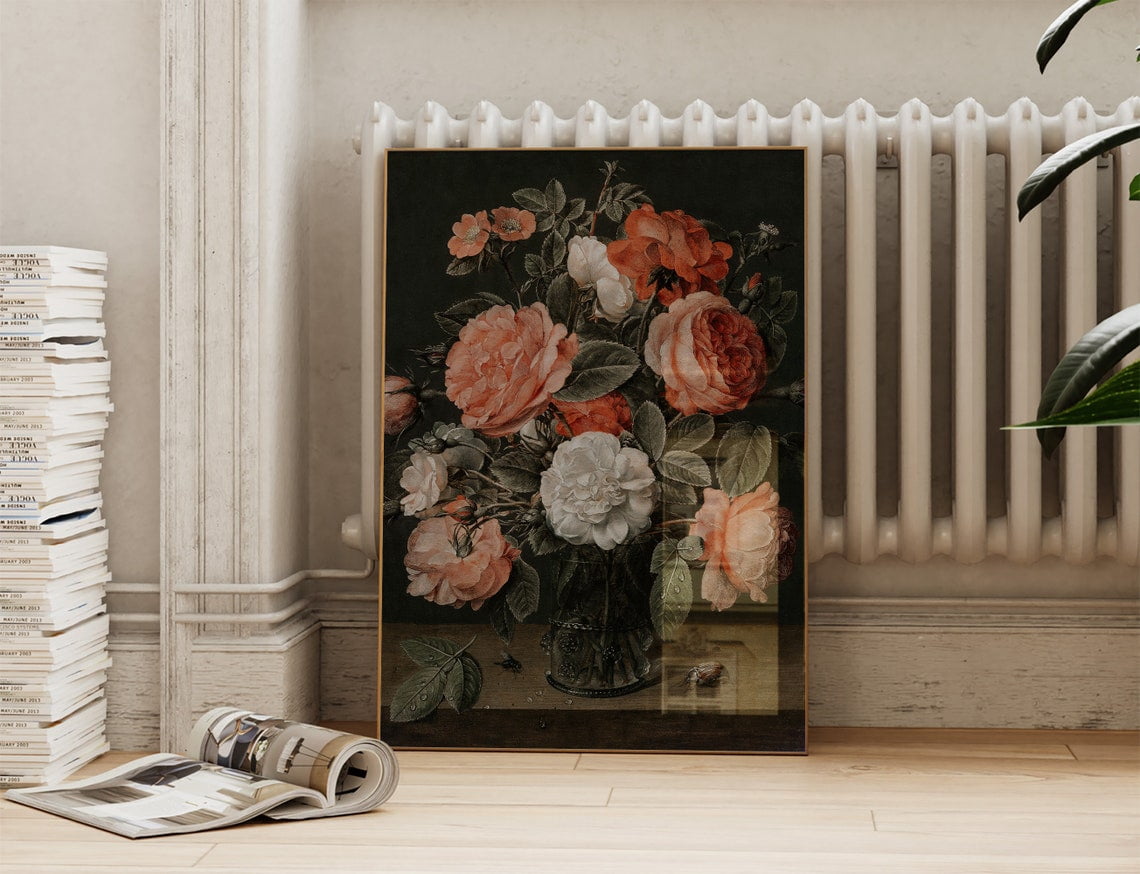 Dark European Floral Wall Art Print, Vintage Botanical Moody Living ...