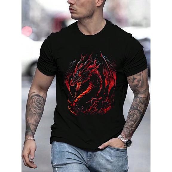 Dark Evil Red Dragon Fashion Print T-Shirt , Men's 220g New Summer Casual Round Neck Heavy Pure Cotton Short-Sleeved T-Shirt