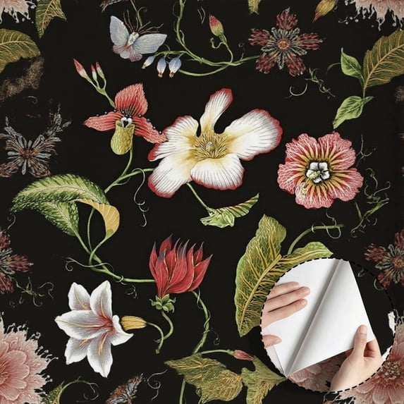 Dark Exotic Floral Wallpaper Vintage Boho Gothic Self Adhesive Removable Waterproof Wall Decor for Living Room Bedroom Bathroom Kitchen Cabinet Drawer 17.7 * 118 in
