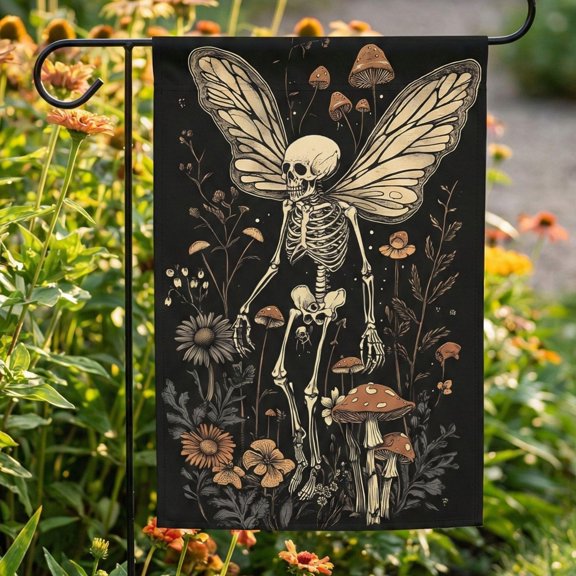 Dark Fairy Garden Flag Gothic Butterfly design Mushrooms and Flowers Fairycore Decor Spook