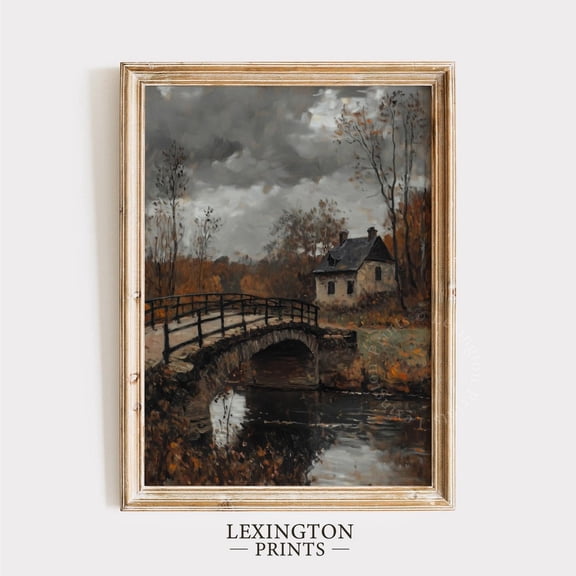 Dark Fall Farmhouse River Landscape Art, Unframed Canvas Size 8x12