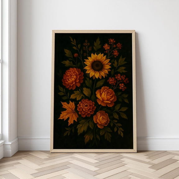 Dark Fall Floral Wall Art, Moody Autumn Floral Print, Unframed Paper Poster 8x10in