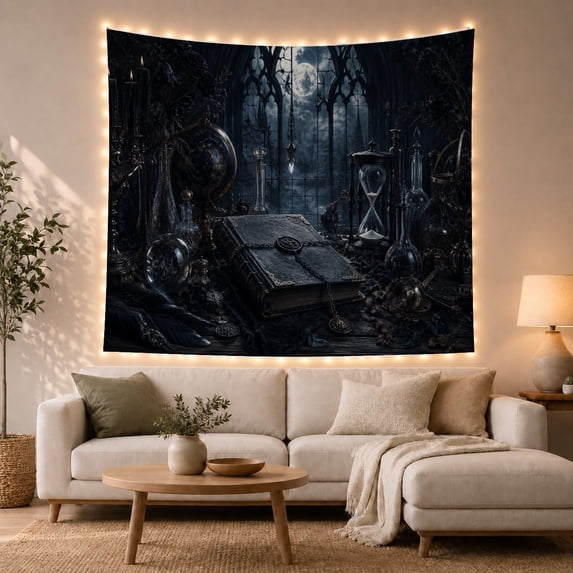 Dark Fantasy Alchemist's Desk with Full Moon, Mysterious Gothic Dark Academia Art for Occult Lovers, Mystical Room Decor Halloween Gift Tapestry Wall Hanging for Bedroom and Study Room