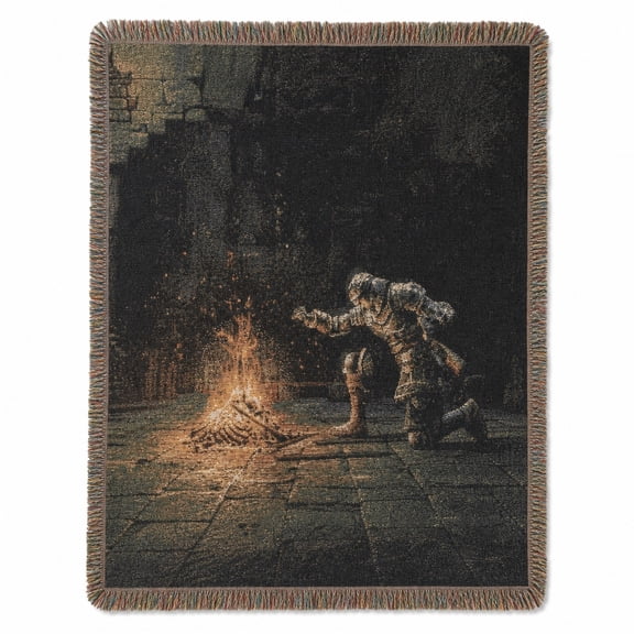Dark Fantasy Armored Knight and Campfire Black Orange Woven Throw Blanket, Cotton with Fringed Edges, Medieval, Couch and Bed Home Decor