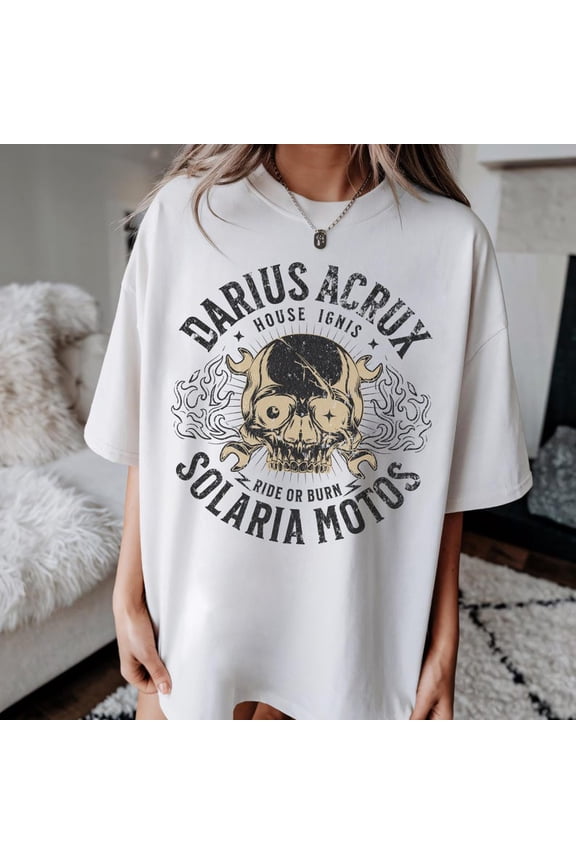 Dark Fantasy Biker T-shirt, Darius Acrux Solaria Motos Shirt, Skull Flame Graphic Tee Fire Rider, Vintage Grunge Aesthetic Unisex Cotton T-Shirt, Size S-5XL