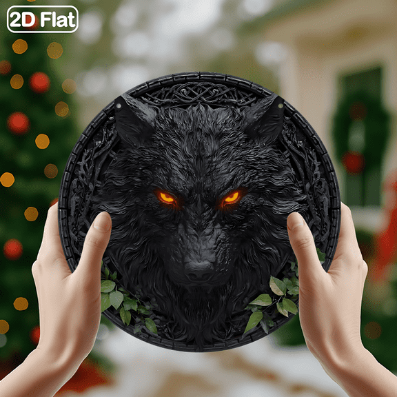 Dark Fantasy Black Wolf with Glowing Eyes Decor, 1pc, 8" Round Aluminum Wall Art Metal Signs, Wall Decor For Kitchen, Door, Office, Bedroom Decor, Best Gift For Room, Home, Bathroom Decor, 2D Flat