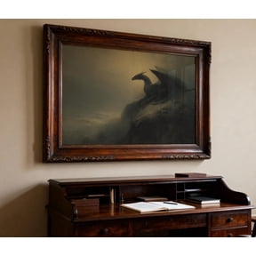 Dark Fantasy Dragon Resting On Cliffside At Dusk, Gothic Fantasy Art, Moody Dark Wall Decor, Enchanted Landscape No Frame