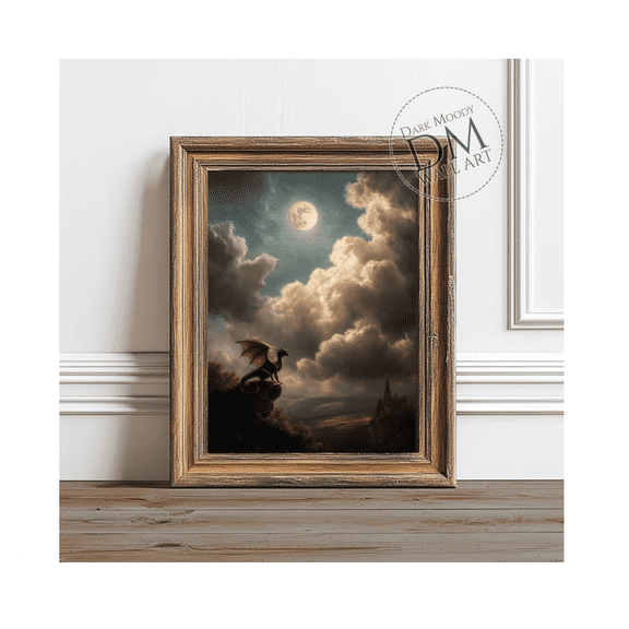 Dark Fantasy Dragon Wall Art Dark Moody Wall Art Gothic Moonlit Castle Print Wall Art Modern Wall Decor
