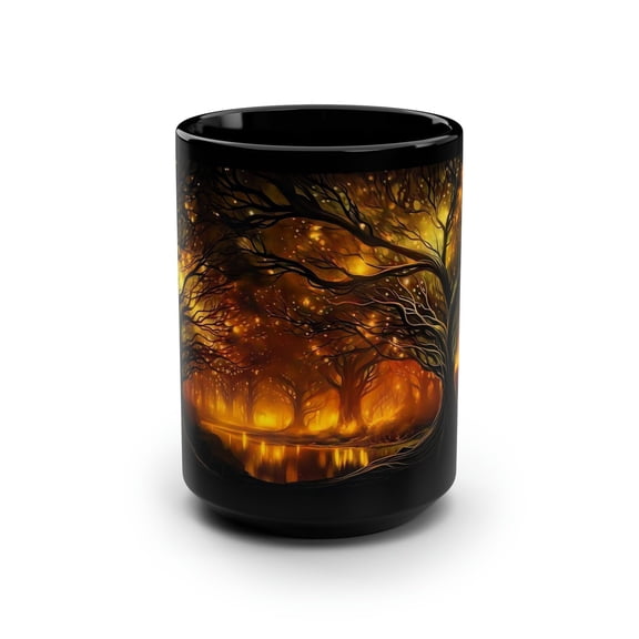 Dark Fantasy Forest Mug Glowing Trees Autumn Night Scene Black Ceramic