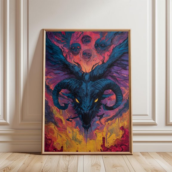 Dark Fantasy Gothic Horror Print Winged Demon Skulls Fiery Surreal Landscape Wall Art, Unframed Paper Print