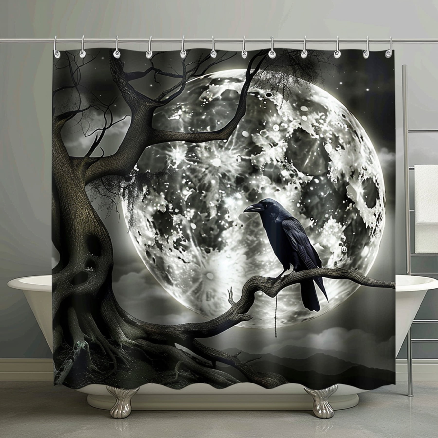 Dark Fantasy Gothic Shower Curtain Full Moon Crow Dead Tree Vampire