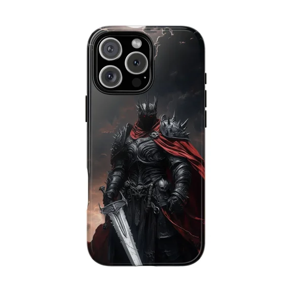 Dark Fantasy Knight Armor Sword Red Cape Case for iPhone 17 to 11 Pro Max