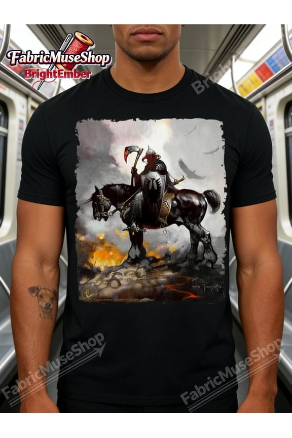 Dark Fantasy Knight Warrior on Horse Graphic Tee - Retro Medieval Battle Scene Men's Black Cotton T-Shirt - Gothic Axe and Shield Art Apparel