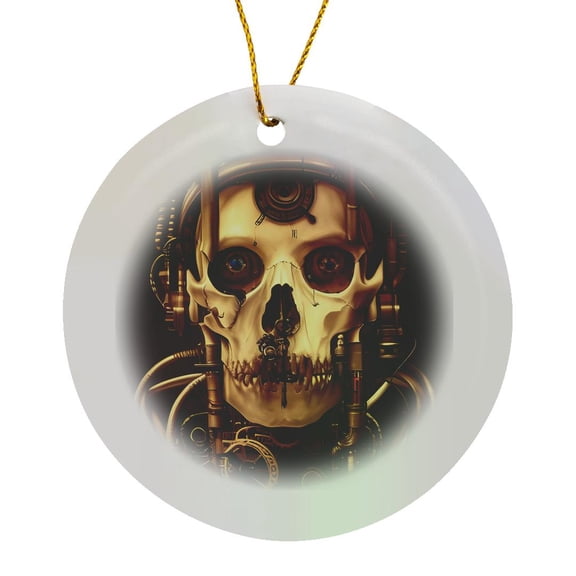 3drose, Dark Fantasy Machine Skull and Mechanical, Electronic Gear Art, Circle Porcelain Ornament