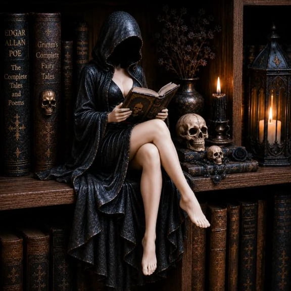 Dark Fantasy Mysterious Gothic Faceless Hooded Reader Figurine,Dark Academia Book Nook Resin Statue,Cloaked Lady Sculpture with Skull Base & Book,Gothic Ornament for Office Table Shelf