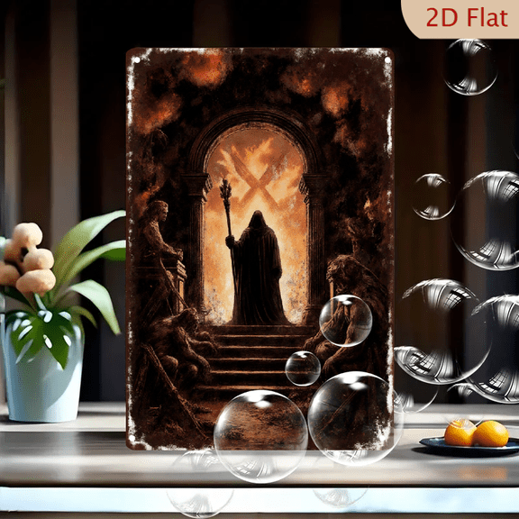 Dark Fantasy Skull Staff Gothic Art 8x12inches Metal Wall Decor, Mysterious Hooded Figure with Fiery Background & Beast Creatures for Home Office Horror Themed Room
