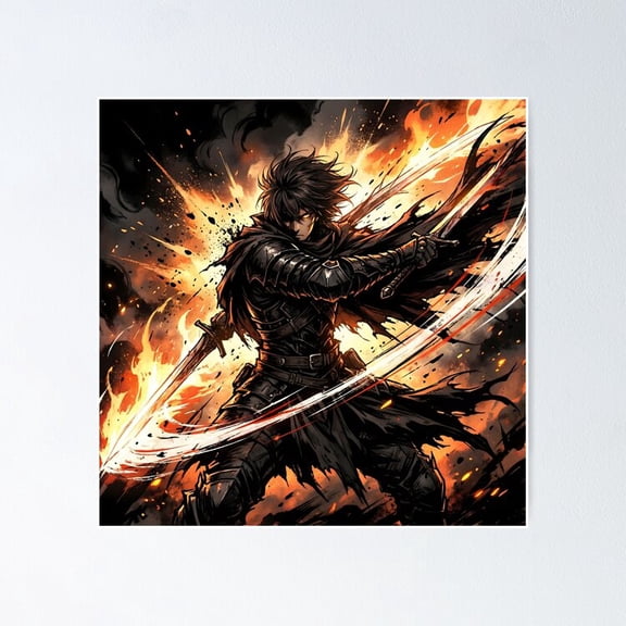 Dark Fantasy Swordsman Fire Slash Wall Decor, Unframed Poster