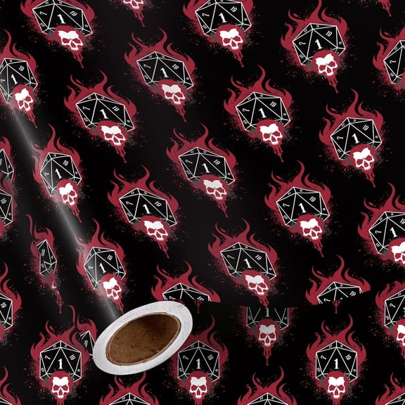 Dark Fantasy Wrapping Paper Roll, Mini Roll, Flaming Skull & Dice Design, Gothic Gamer Dice Pattern Gift Wrap for Teens, Adults, RPG Fans, Gamers, Birthday & Themed Party, 17 Inch x 16.4 Feet