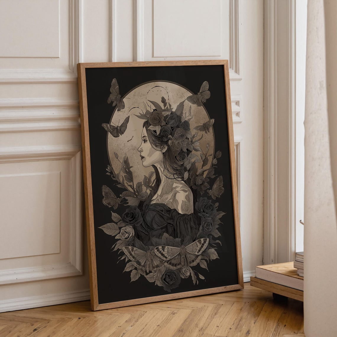 Dark Feminine Gothic Moonlit Woman Moth Dark Academia Floral Portrait ...
