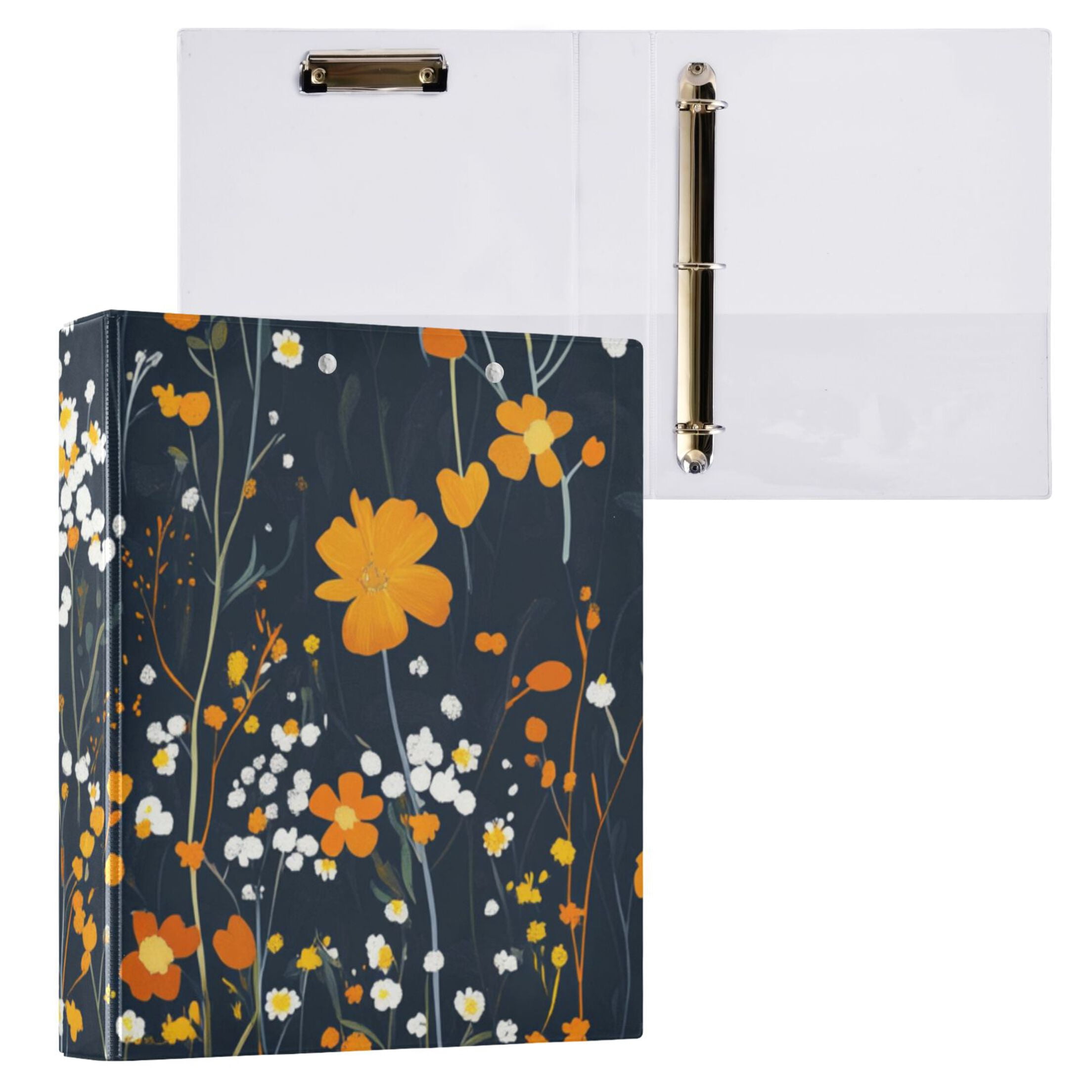 Dark Filed Flowers 3 Ring Binders 1.5 inch Hardcover File Folders with Interior Pockets A4 Size Organizer for School Office Hospital
