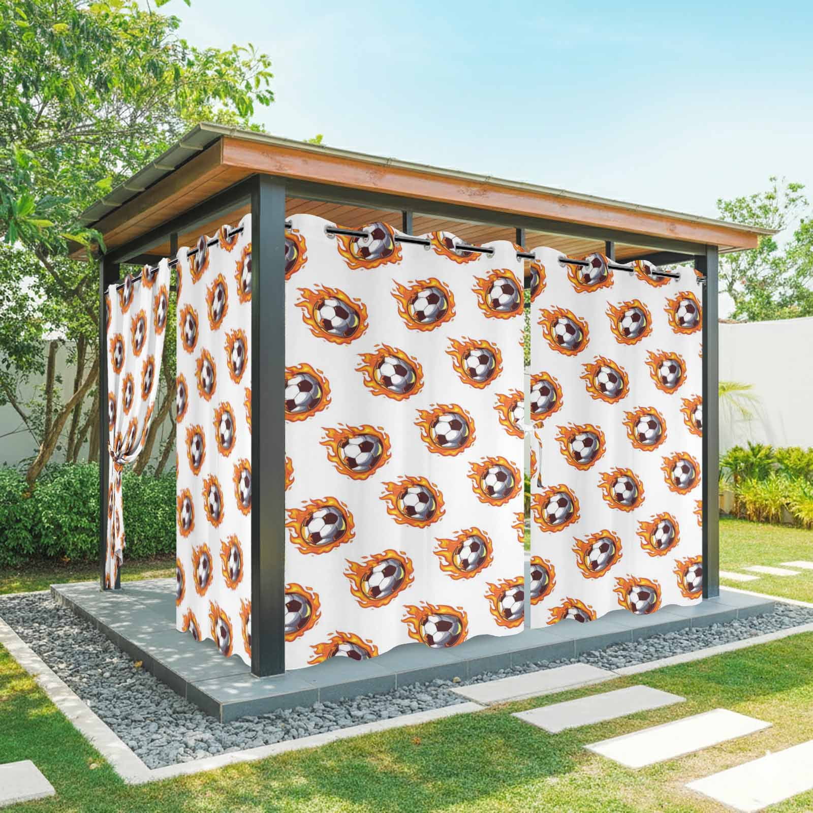 Dark Flaming Soccer Outdoor Curtains for Patio, Hot Sports Orange Yellow Soccer Ball Sunshade Privacy Drapes Grommet Waterproof Outside Curtains for Porch/Cabana/Balcony 54"x 108", 1 Panel