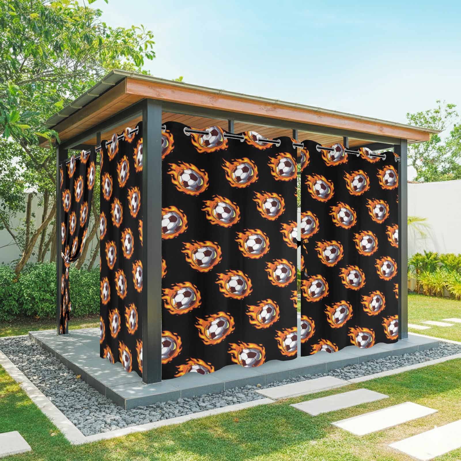 Dark Flaming Soccer Outdoor Curtains for Patio, Sports Orange Yellow Soccer Ball Black Background Sunshade Privacy Drapes Grommet Waterproof Outside Curtains for Porch Balcony 54"x108", 1 Panel