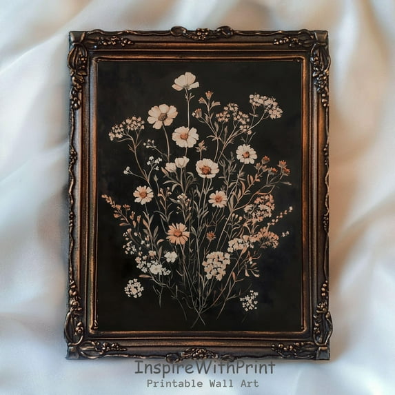 Dark Floral Art Printable Boho Flower Poster Antique Wall Art Moody Wildflower Poster Print Wall Art Home Decor, Size 24x36 UNFFRAMED