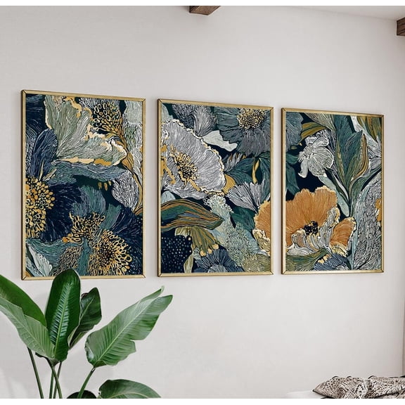 Dark Floral Botanical Navy Gold Flower Triptych Wall Decor Art, Stretched Canvas