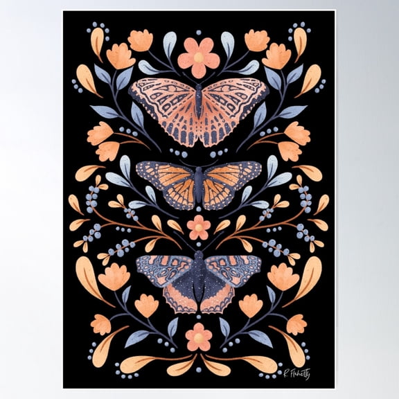 Dark Floral Butterflies Poster Wall Art, Modern Wall Decor For Living Room Bedroom, 12x18 UNFRAMED