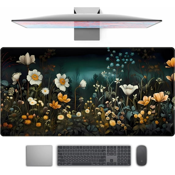 Dark Floral Desk Mat Mouse Pad, Cute Vintage Wildflower Mousepad Desk Pad Extended XXL Large Gaming Keyboard Mat Anime Flower Mouse Mat, Plant Deskpad Women Office Desk Decor Deskmat 31.5x15.7 in