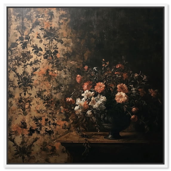 Dark Floral Elegance Canvas Vintage Floral Art by Art Remedy, White Frame, 12 x 12