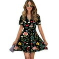 thumbnail image 1 of Dark Floral Embroidered Repeat Pattern Women Dress V-Neck Short Sleeve Flowy Swing Party Midi Dress, 1 of 4