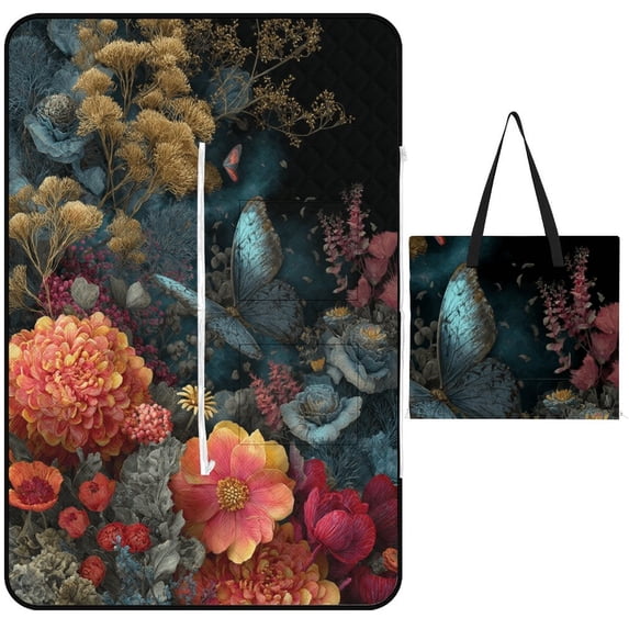 Dark Floral Fantasy Butterfly Blooms Art Waterproof Picnic Blanket with Foldable Zipper, Suitable for Outdoor Use, Suitable for Travel, Camping, Beaches, Parks, Grasslands, Picnic Blanket Accessories
