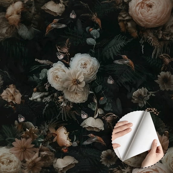 Dark Floral Hummingbird Wallpaper, Vintage Gothic Peel and Stick Wallpaper, Waterproof Home Decor for Bedroom Living Room Bathroom Rental Property, 17.7 * 118 in Self Adhesive Mural