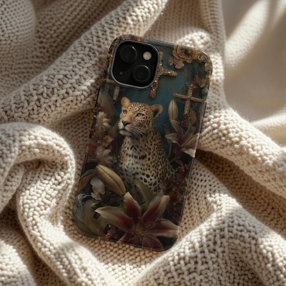 Dark Floral Leopard Print Case - Exotic Animal Skin Tough MagSafe Protective Cover Compatible with iPhone 17, 16, 15, 14 Series