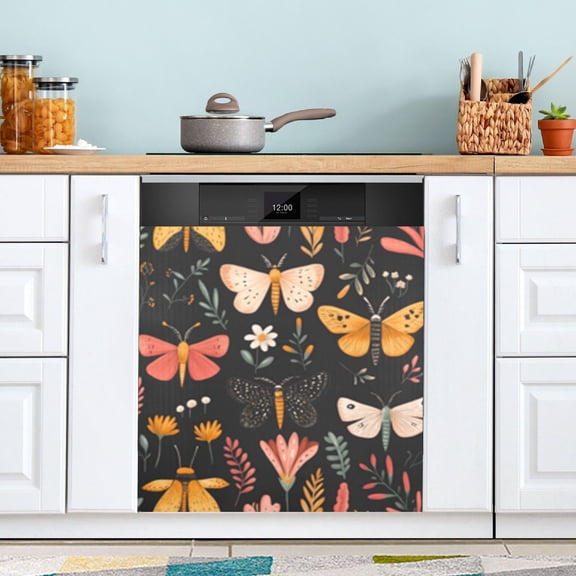 Dark Floral Moth Pattern Dishwasher Magnet Cover Reuseable Refrigerator Magnet Cover Decal Fridge Microwave Stickers Hoilday Party Decor 23 x 26 Inch