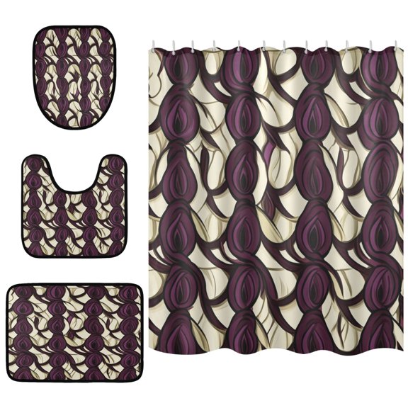 Dark Floral Pattern 4 Piece Bathroom Set Waterproof Bath Curtain Anti-Slip Mats and Toilet Pad Practical and Affordable 66x72in Curtain