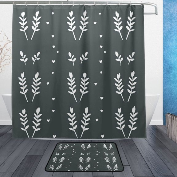 Dark Floral Pattern Bathroom Accessory Sets Waterproof Shower Curtain with Anti-Slip Bath Mat Durable Combo