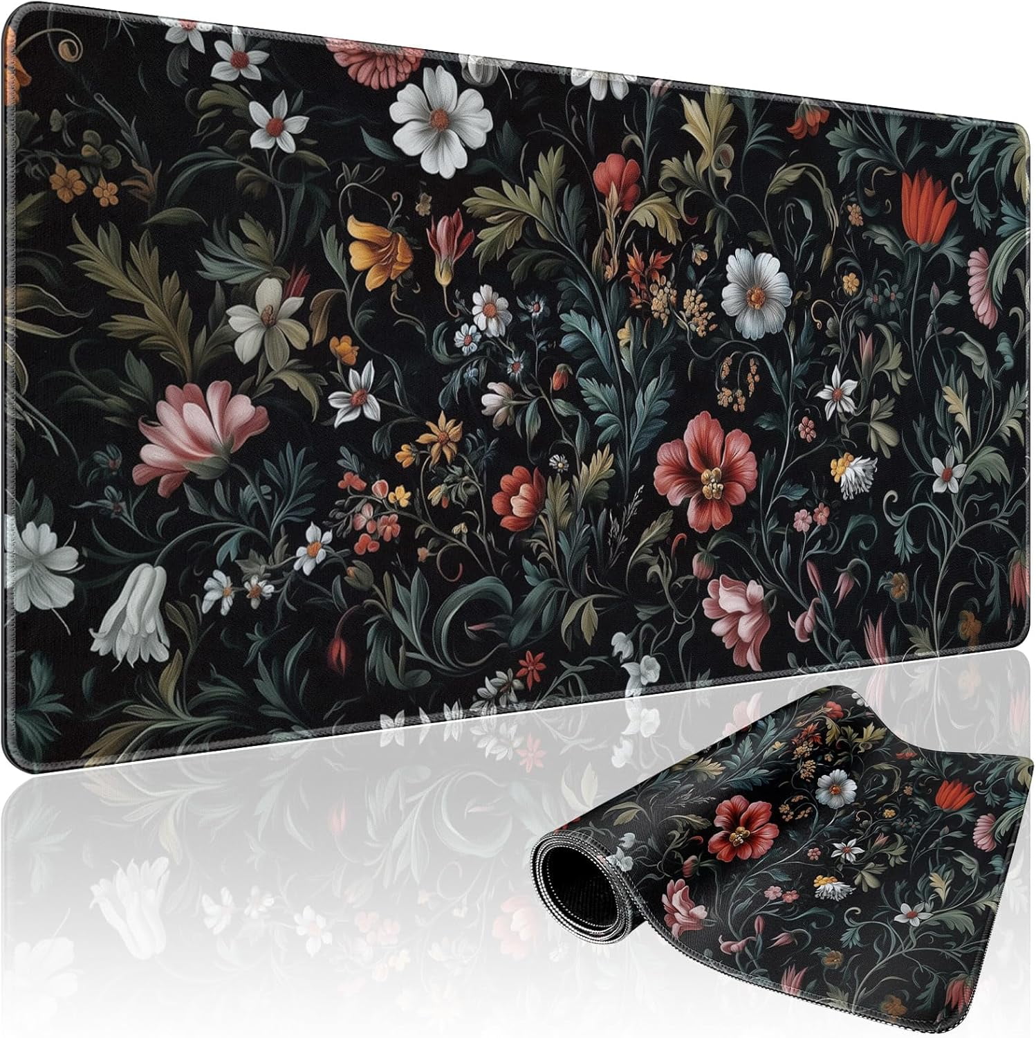 Dark Floral Pattern Large Gaming Mouse Pad 31.5"x15.7"｜XXL Desk Mat, Non-Slip Rubber Base & Stitched Edges - Extended Waterproof Mousepad for PC/Laptop/Office/Home Decor