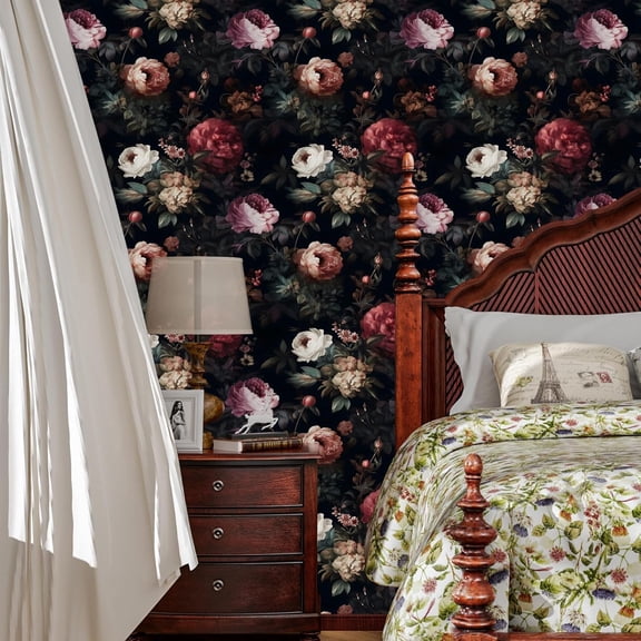 Dark Floral Peel and Stick Wallpaper,17.5" x 393" Vintage Gothic Contact Paper, Pink Moody Flower Wall Mural Home Vinyl Waterproof Self Adhesive Removable Renter Friendly Wall Paper