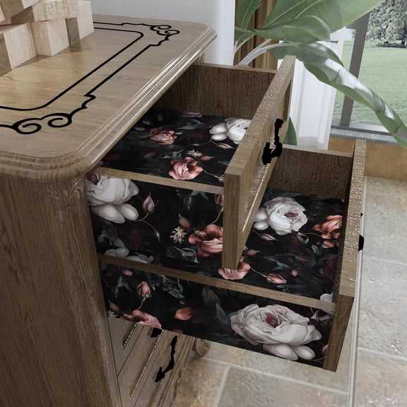 Dark Floral Peel and Stick Wallpaper, Vintage Floral Contact Paper, Waterproof Self Adhesive Boho Decor Black Rose Wall Paper for Bedroom Walls Bookcase Drawers 17.5in x 32.8ft