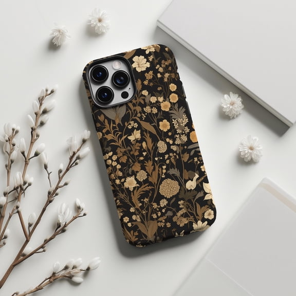 Dark Floral Phone Case For iPhone Samsung Slim Hard Shell Beige Wildflowers On Black Design Boho Gift