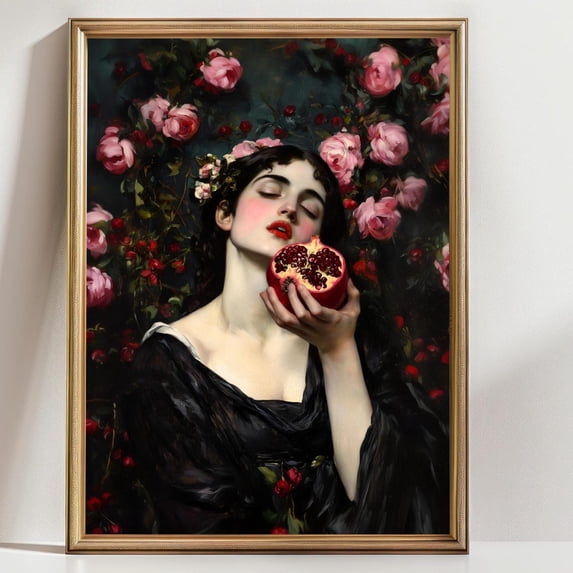 Dark Floral Portrait With Pomegranate Wall Art Print, Romantic Gothic ...