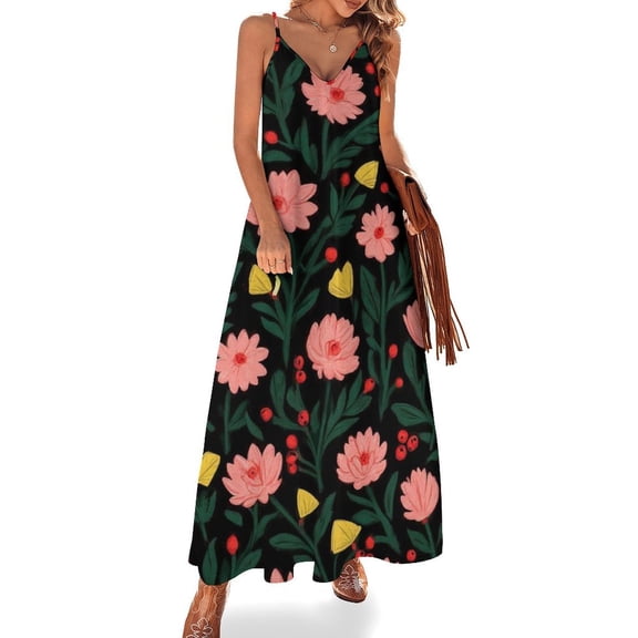 Dark Floral Pretty Pink Pattern Design Sleeveless Suspender Dress Summer Fashion Casual Long Dress