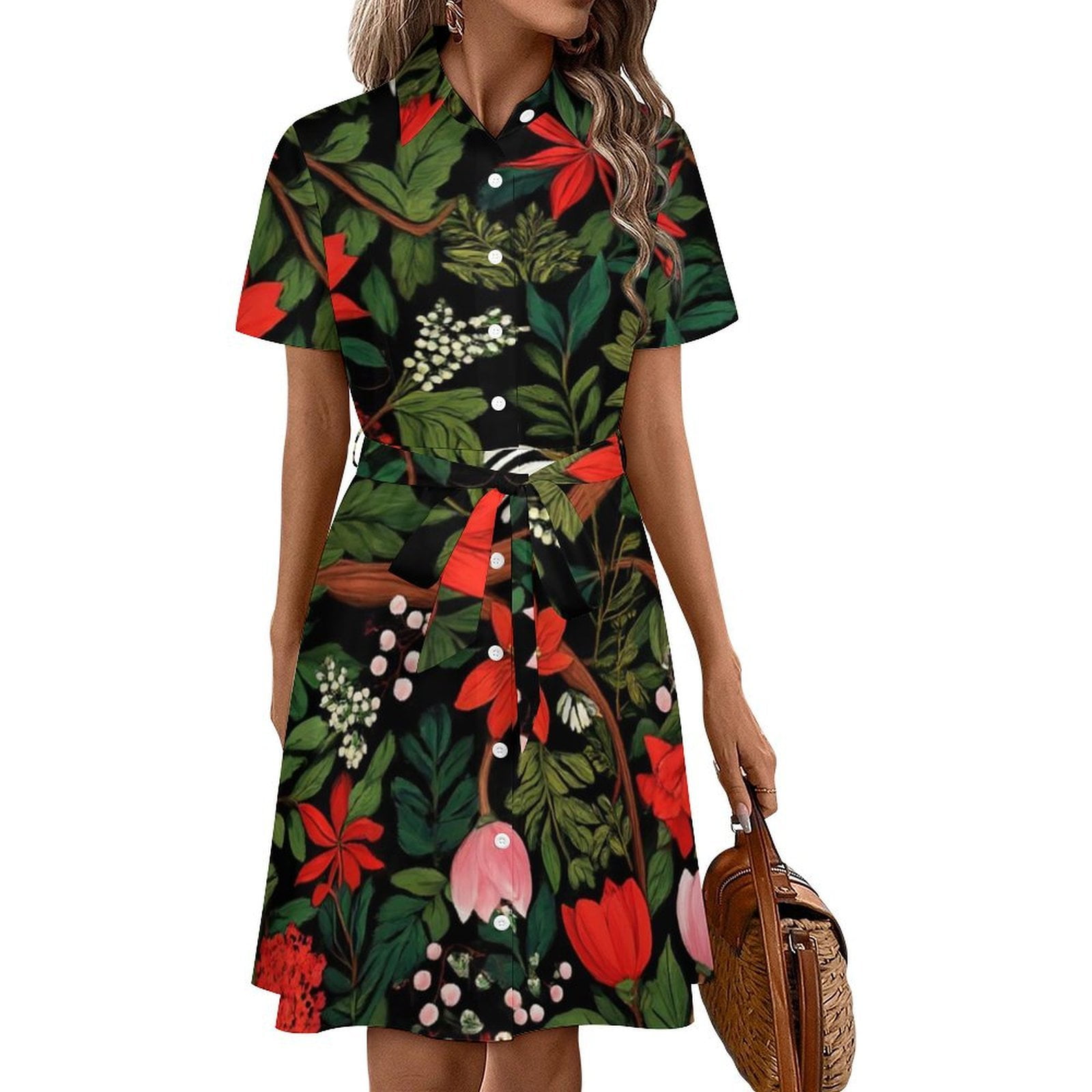 Dark Floral Red Pink Pattern Design Womens Shirt Dresses Women'S Short ...
