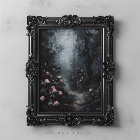 Dark Floral Roses Art Print, Gothic Landscape Poster, Unframed Paper Poster 8x10in