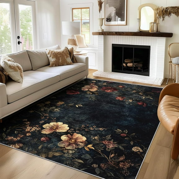 Dark Floral Rug Washable Black Flower Rugs For Living Room Bedroom, Vintage Area Rug For Home Decor, Non Slip Backing Floor Carpet 2x3ft
