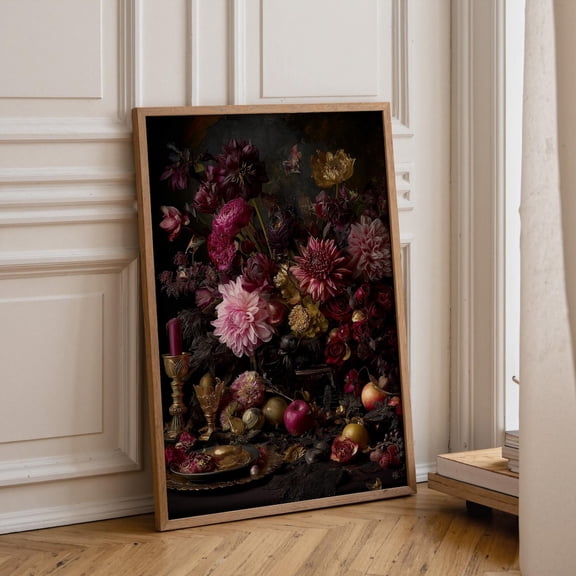 Dark Floral Still Life Print, Dutch Masters Style Botanical Decor, Unframed Paper Poster 8x10in
